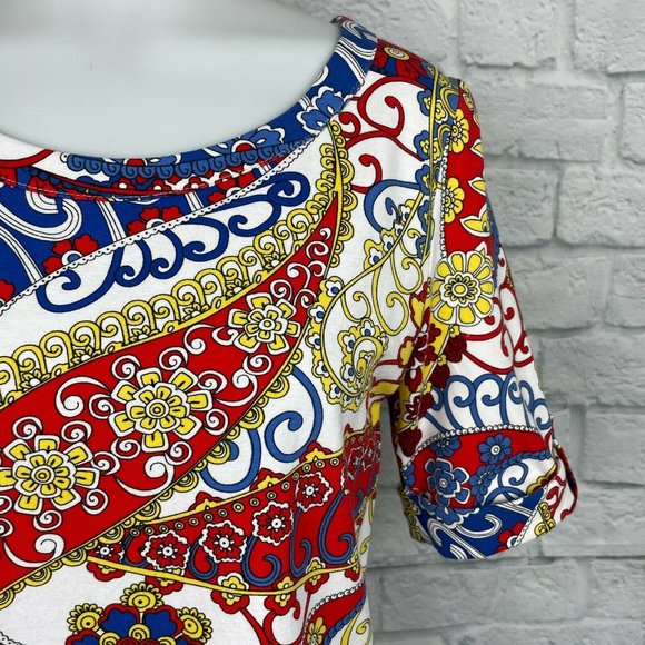 Talbots Large Excellent Top Paisley Red Blue Yellow Short Sleeve Stretch Cotton - Picture 3 of 10